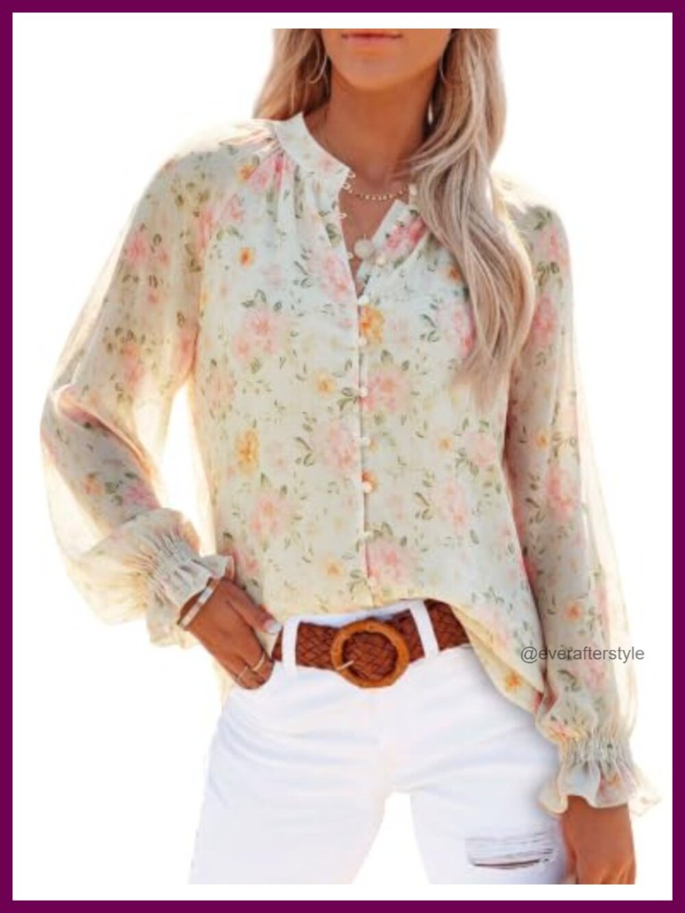 Chiffon Floral Button Down V Neck Blouse with Lantern Sleeves for Work